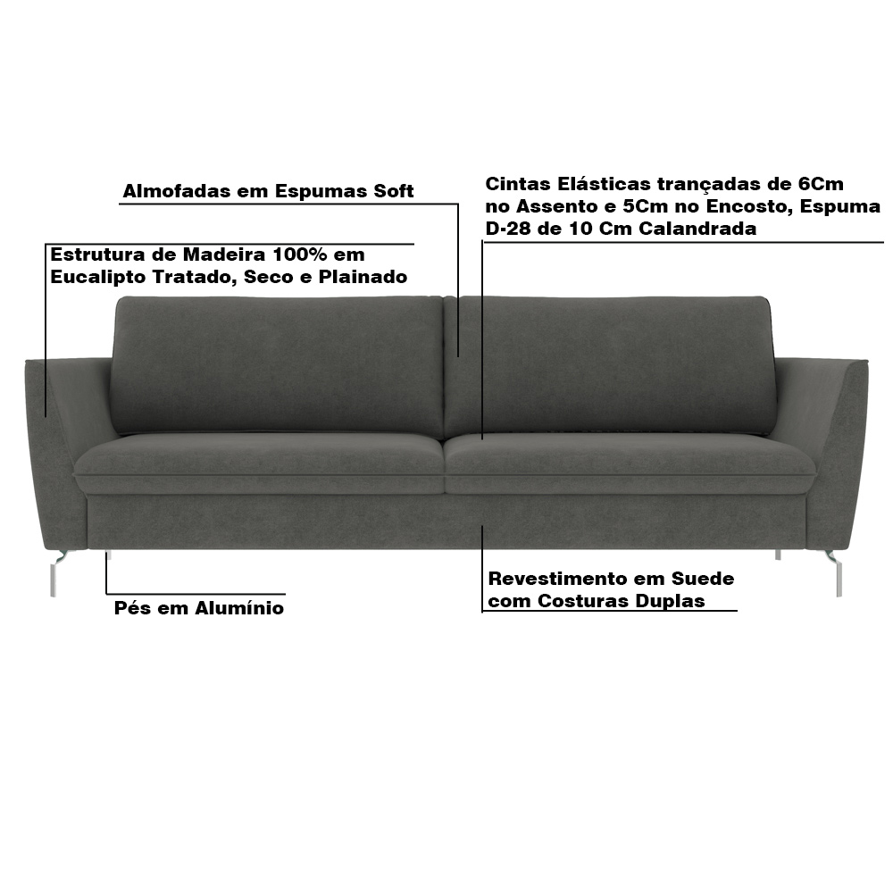 Sofá Decorativo Sala de Estar 190cm Olívia Suede Grafite G52 - Gran Belo