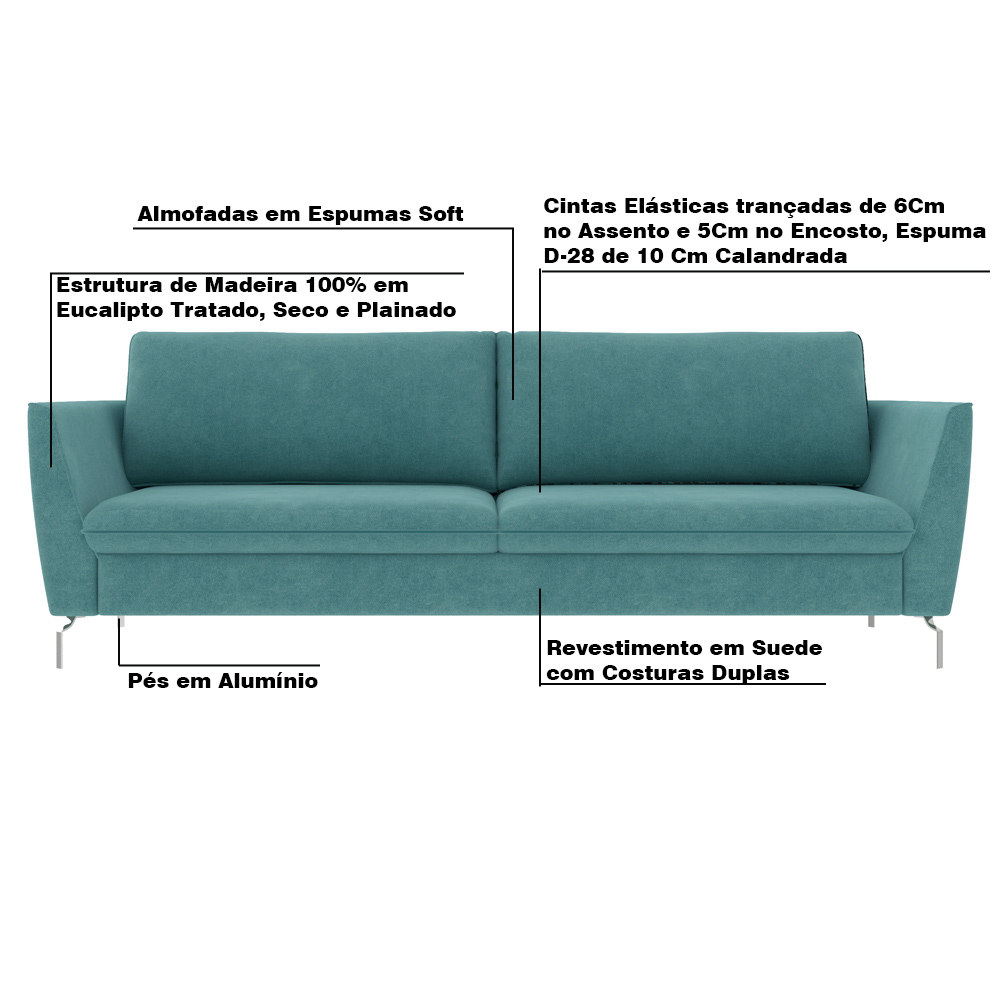 Sofá Decorativo Sala de Estar 190cm Olívia Suede Turquesa G52 - Gran Belo