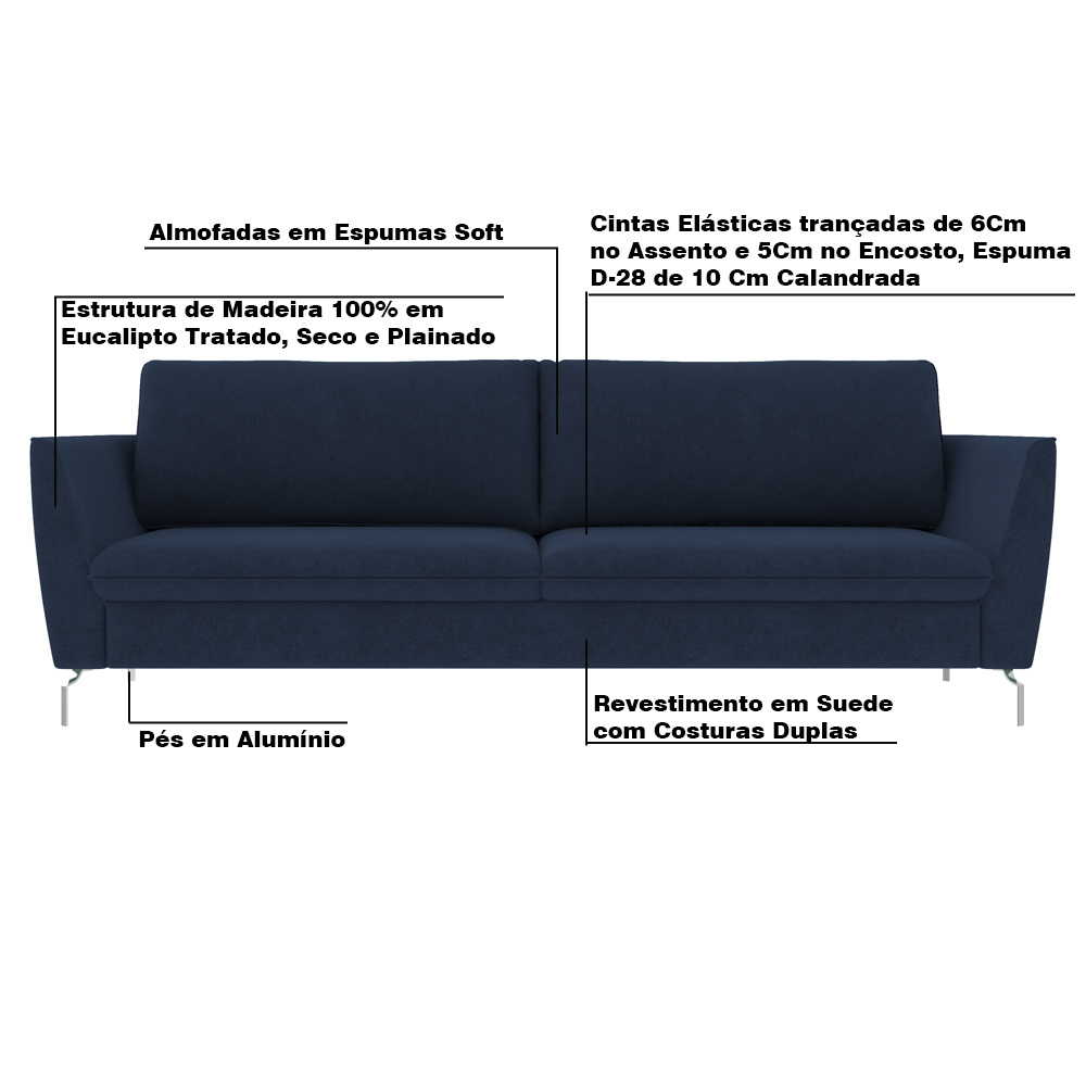 Sofá Decorativo Sala de Estar 210cm Olívia Suede Azul G52 - Gran Belo