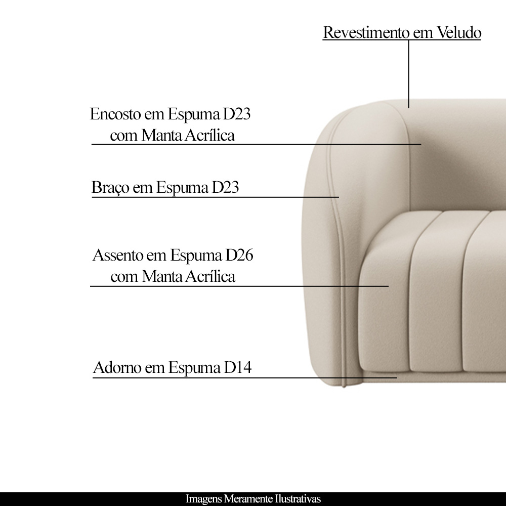 Sofá Decorativo Sala de Estar 332cm Adam 4 Lugares Veludo Bege G45 - Gran Belo