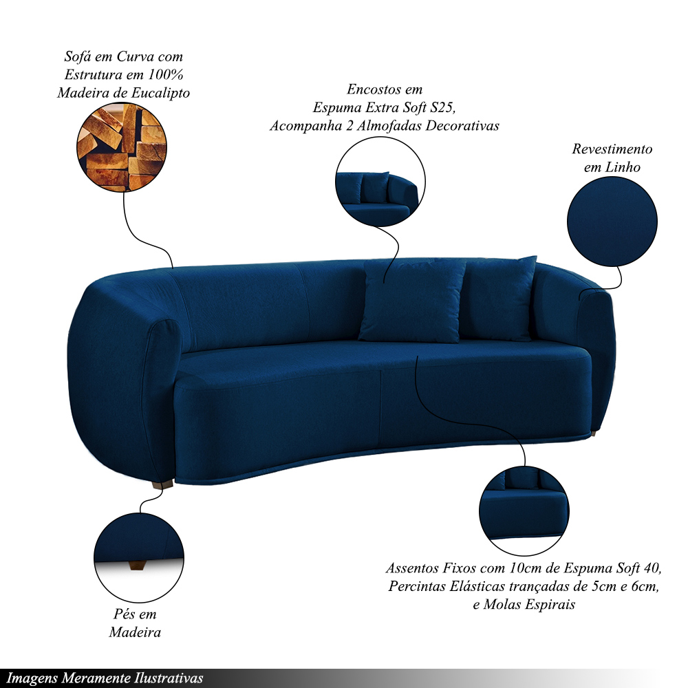 Sofá Decorativo Sala de Estar Curvo Esther 3 Lugares 210cm com Almofadas Pés em Madeira Linho Azul Marinho G89 - Gran Belo