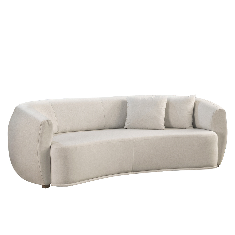 Sofá Decorativo Sala de Estar Curvo Esther 3 Lugares 210cm com Almofadas Pés em Madeira Linho Off White G89 - Gran Belo