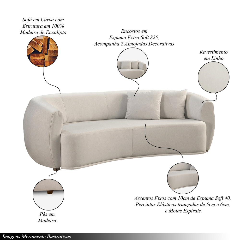 Sofá Decorativo Sala de Estar Curvo Esther 3 Lugares 210cm com Almofadas Pés em Madeira Linho Off White G89 - Gran Belo