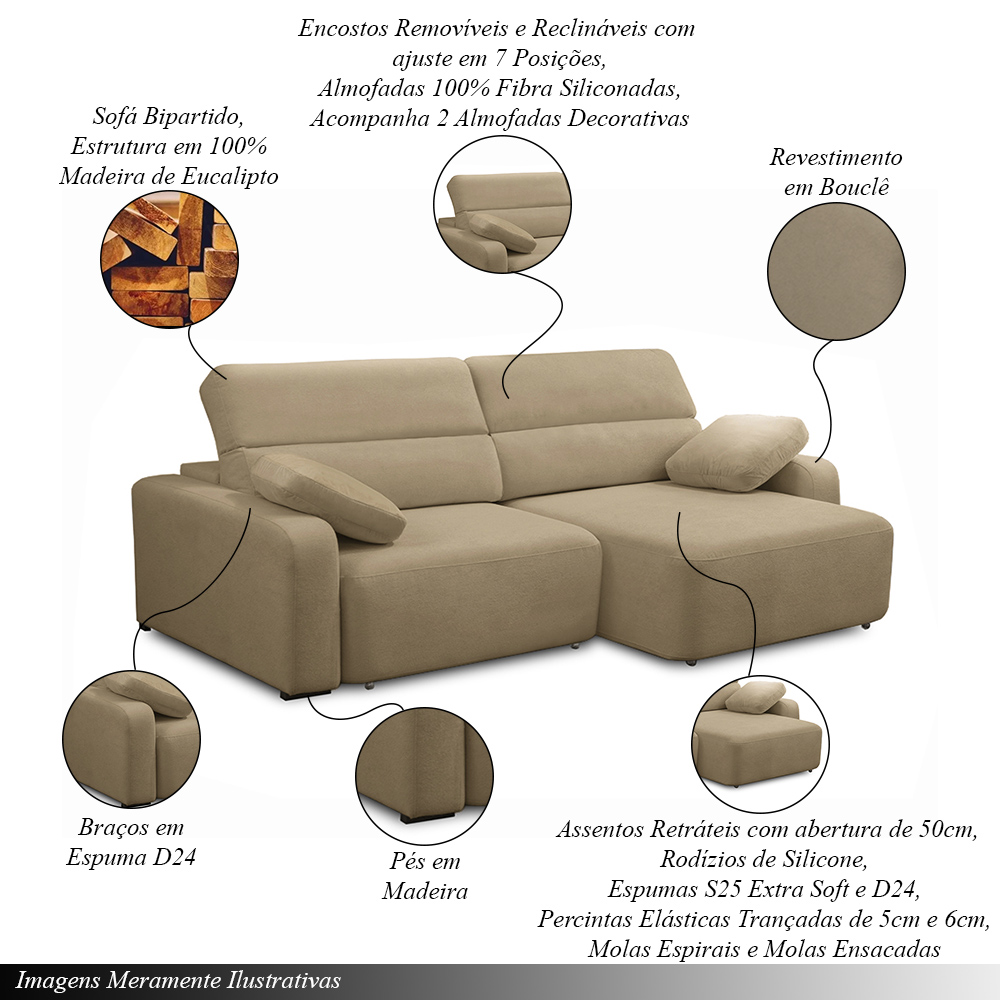 Sofá Decorativo Sala de Estar Ibiza  2 Lugares 200cm Reclinável e Retrátil Bouclê Bege G89 - Gran Belo