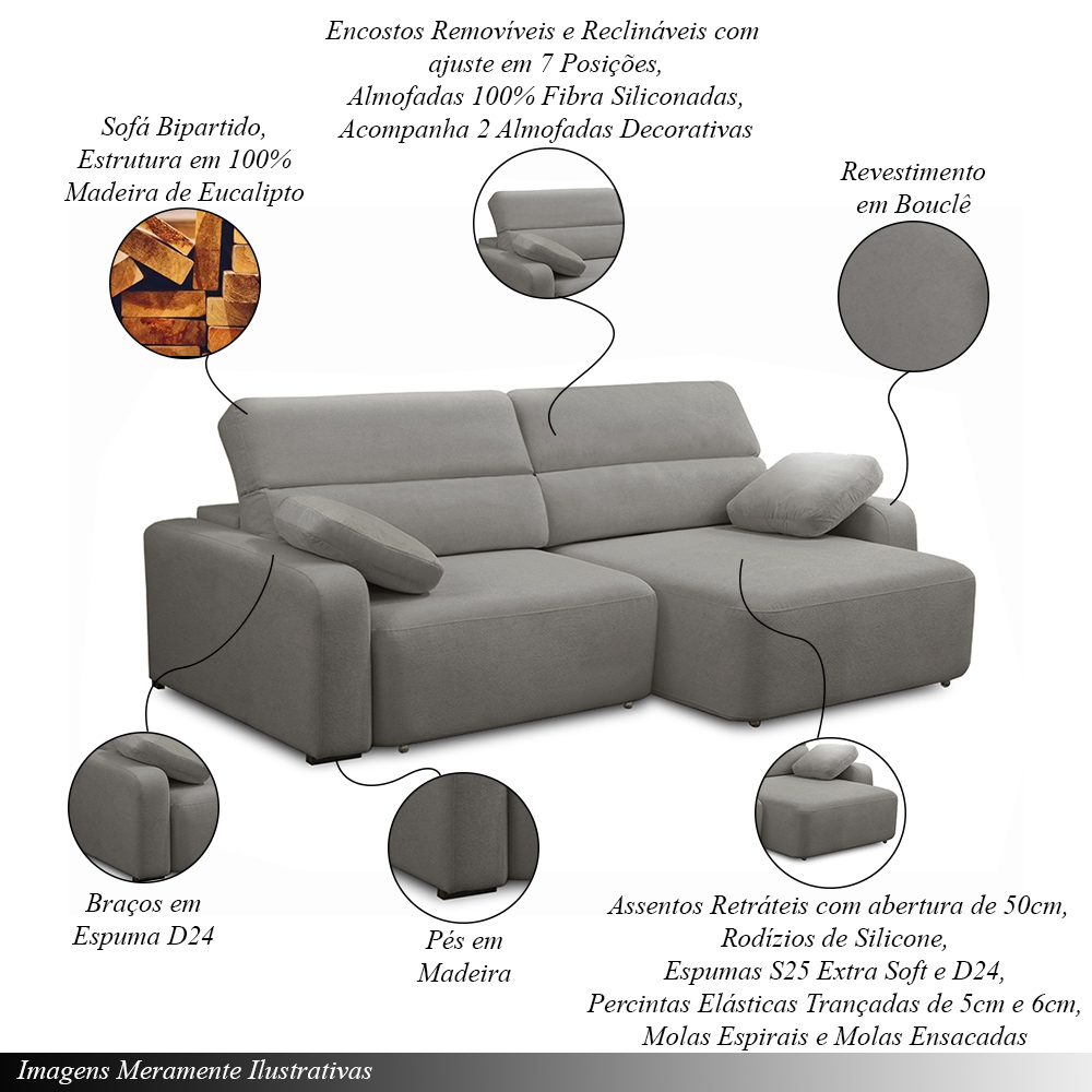 Sofá Decorativo Sala de Estar Ibiza 3 Lugares 240cm Reclinável e Retrátil Bouclê Cinza G89 - Gran Belo
