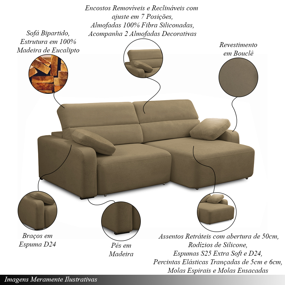 Sofá Decorativo Sala de Estar Ibiza 4 Lugares 280cm Reclinável e Retrátil Bouclê Castor G89 - Gran Belo