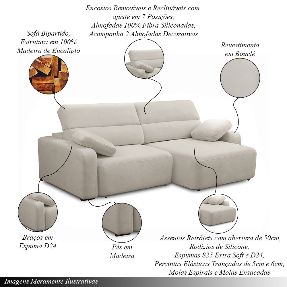 Sofá Decorativo Sala de Estar Ibiza 4 Lugares 280cm Reclinável e Retrátil Bouclê Off White G89 - Gran Belo