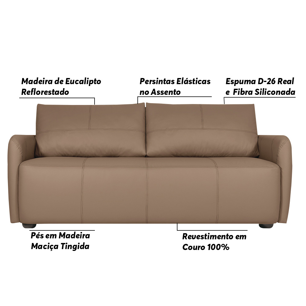 Sofá Decorativo Sala de Estar Lily 3 Lugares 200cm Couro Bege G34 - Gran Belo
