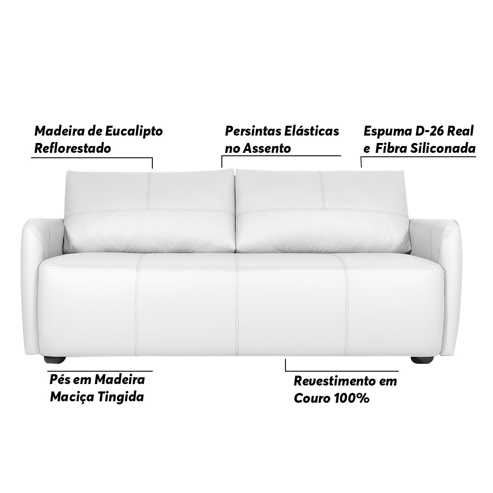 Sofá Decorativo Sala de Estar Lily 3 Lugares 240cm Couro Branco G34 - Gran Belo