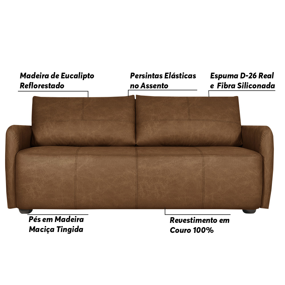 Sofá Decorativo Sala de Estar Lily 3 Lugares 240cm Couro Caramelo G34 - Gran Belo