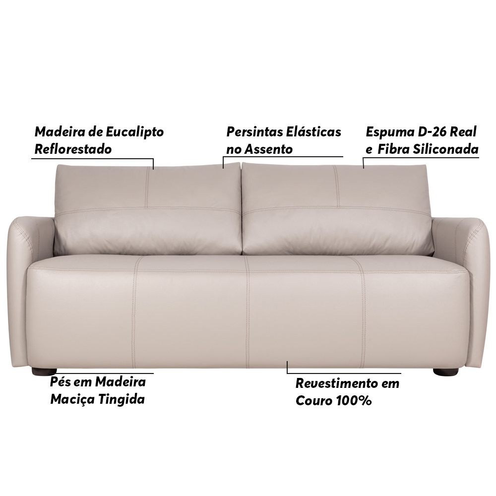 Sofá Decorativo Sala de Estar Lily 3 Lugares 240cm Couro Off White G34 - Gran Belo
