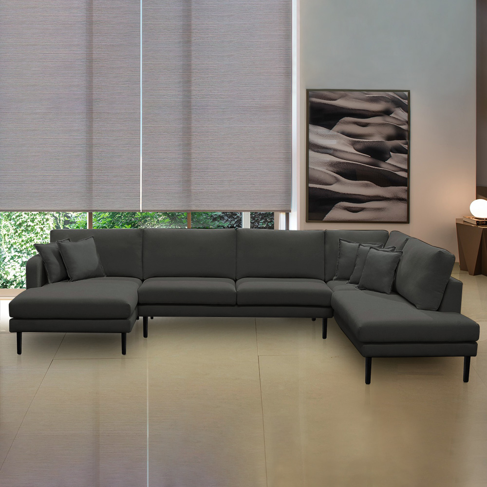 Sofá Decorativo Sala de Estar Osaka 310cm Modulado em U com Almofadas Pés em Madeira Linho Grafite G89 - Gran Belo