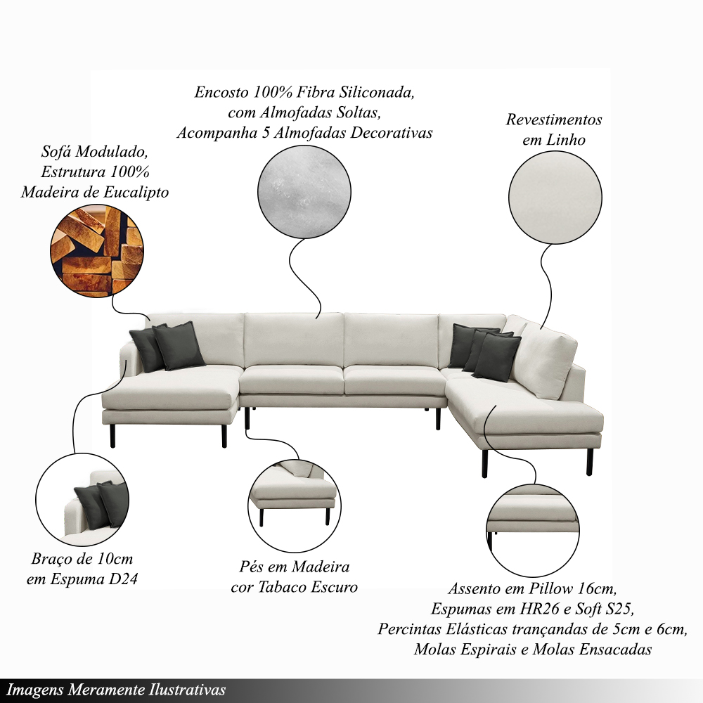Sofá Decorativo Sala de Estar Osaka 310cm Modulado em U com Almofadas Pés em Madeira Linho Off White G89 - Gran Belo