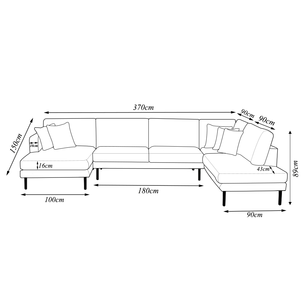 Sofá Decorativo Sala de Estar Osaka 370cm Modulado em U com Almofadas Pés em Madeira Linho Azul Marinho G89 - Gran Belo
