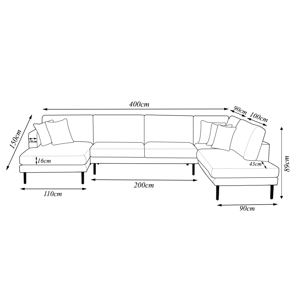 Sofá Decorativo Sala de Estar Osaka 400cm Modulado em U com Almofadas Pés em Madeira Linho Bege G89 - Gran Belo