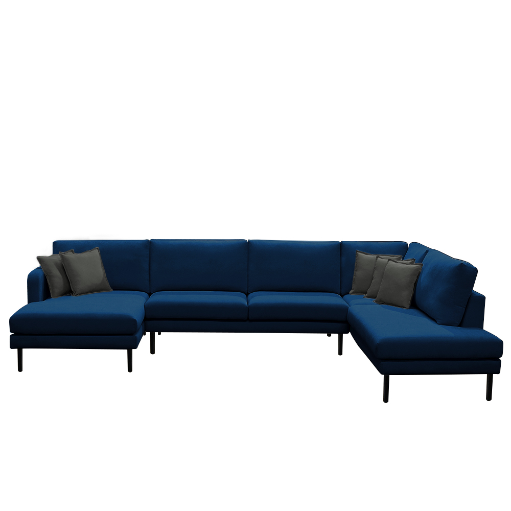 Sofá Decorativo Sala de Estar Osaka 430cm Modulado em U com Almofadas Pés em Madeira Linho Azul Marinho G89 - Gran Belo