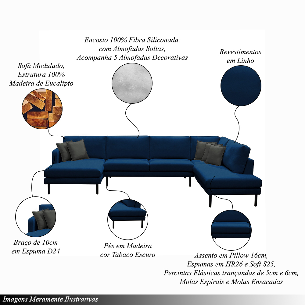 Sofá Decorativo Sala de Estar Osaka 430cm Modulado em U com Almofadas Pés em Madeira Linho Azul Marinho G89 - Gran Belo