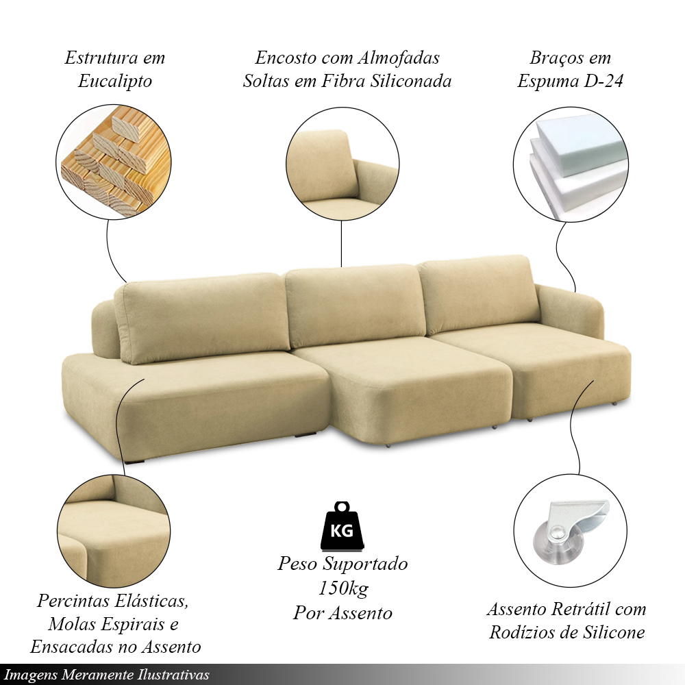 Sofá Decorativo Santiago 4 Lugares 282cm Sala de Estar Retrátil Modulado Bouclê Bege G89 - Gran Belo