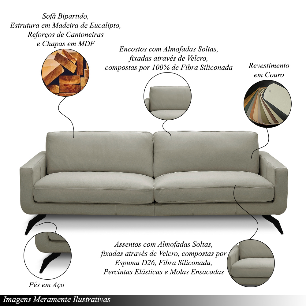 Sofá Decorativo Thalia 3 Lugares Sala de estar 210cm Pés em Aço Couro Bege G88 - Gran Belo