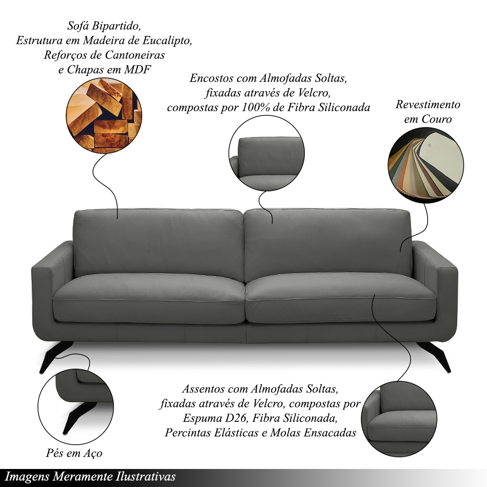 Sofá Decorativo Thalia 3 Lugares Sala de estar 210cm Pés em Aço Couro Grafite G88 - Gran Belo
