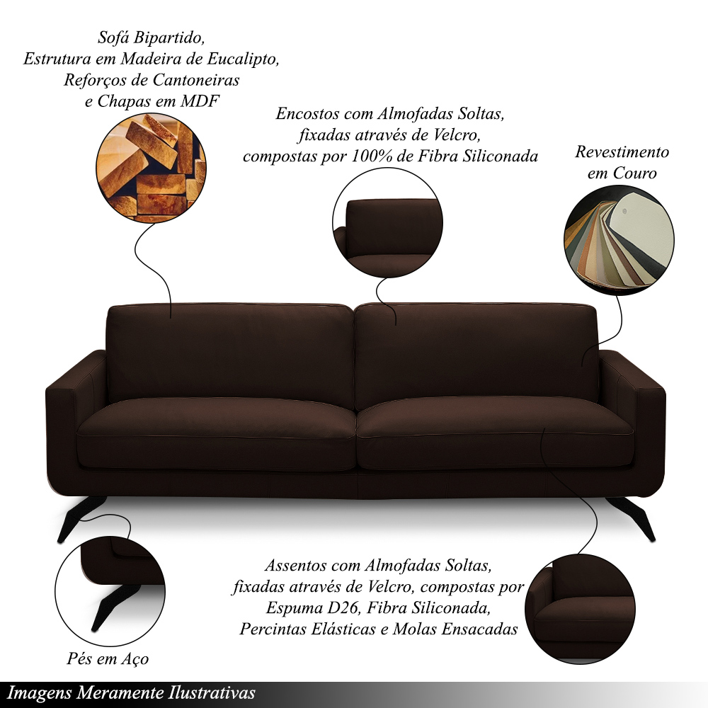 Sofá Decorativo Thalia 3 Lugares Sala de estar 210cm Pés em Aço Couro Marrom Chocolate G88 - Gran Belo