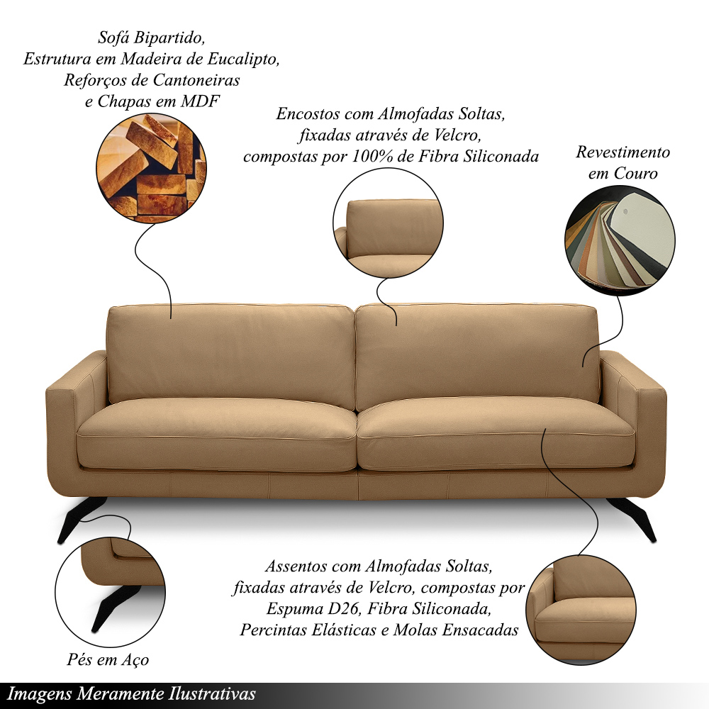Sofá Decorativo Thalia 3 Lugares Sala de estar 210cm Pés em Aço Couro Nude G88 - Gran Belo