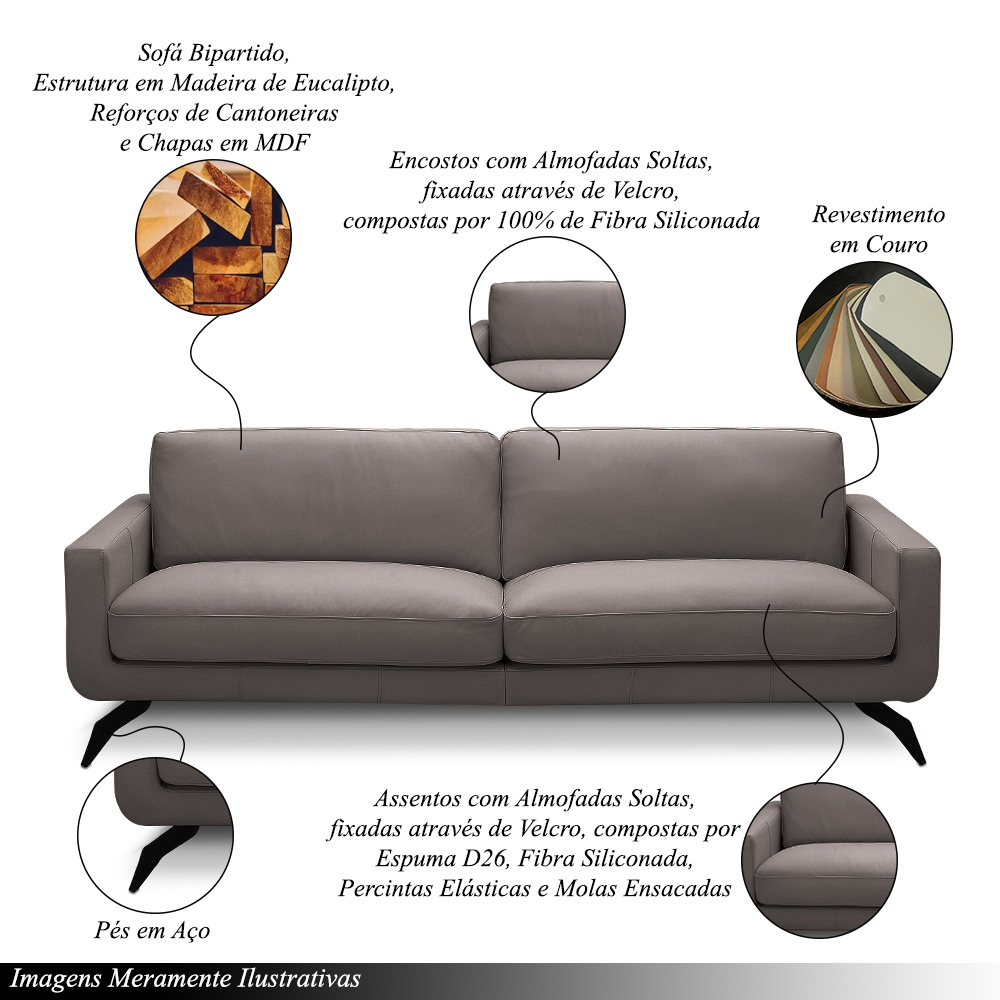Sofá Decorativo Thalia 3 Lugares Sala de estar 240cm Pés em Aço Couro Avelã G88 - Gran Belo