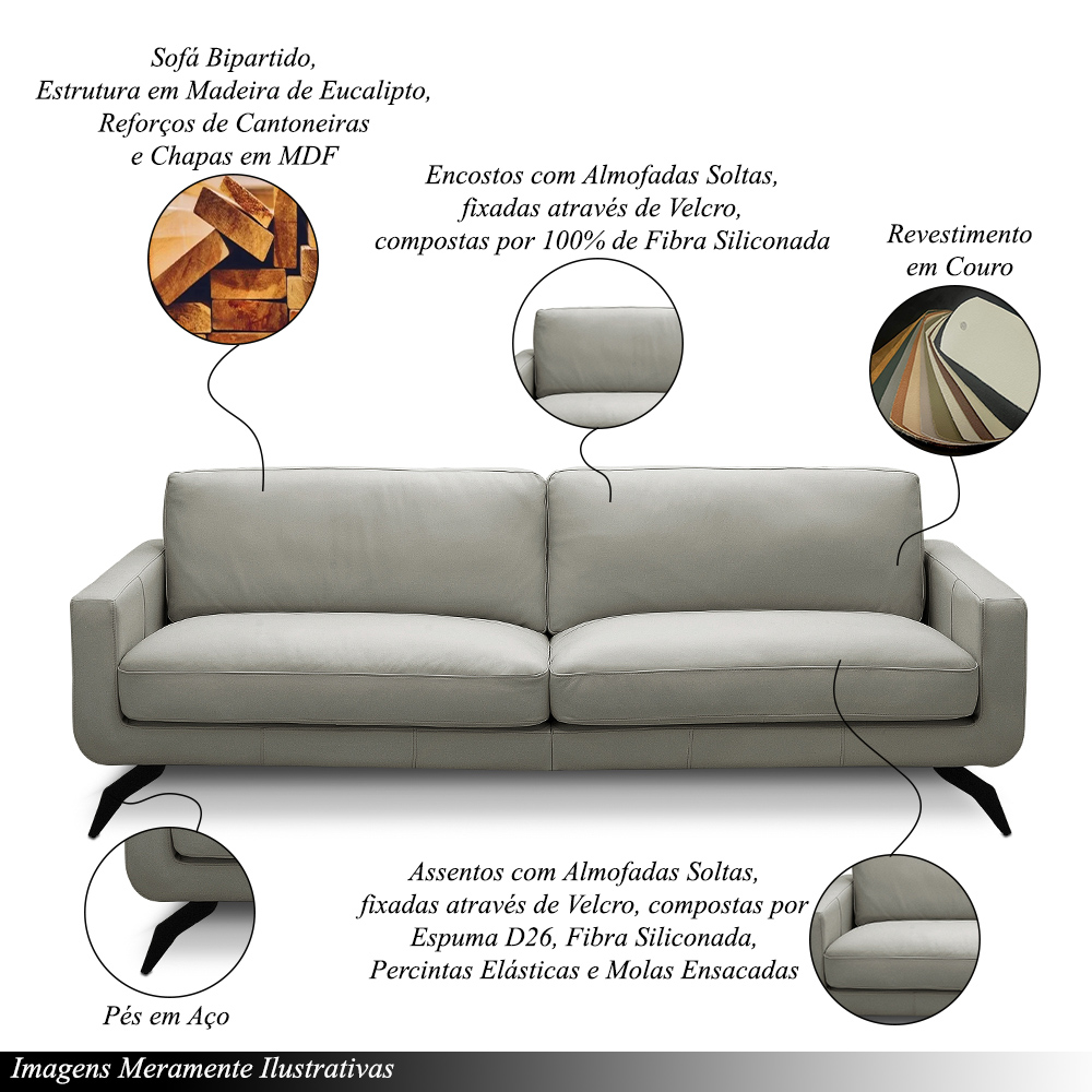 Sofá Decorativo Thalia 3 Lugares Sala de estar 240cm Pés em Aço Couro Off White G88 - Gran Belo