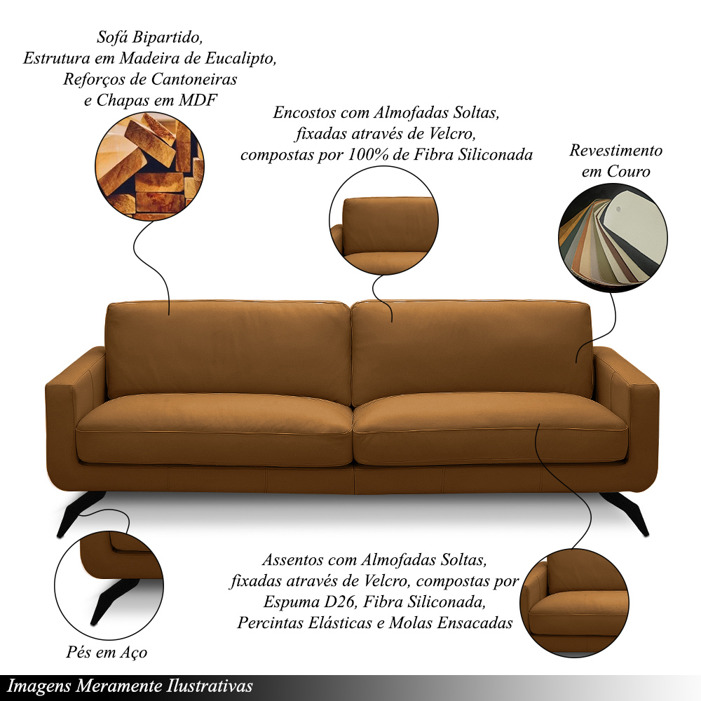 Sofá Decorativo Thalia 4 Lugares Sala de estar 270cm Pés em Aço Couro Caramelo G88 - Gran Belo