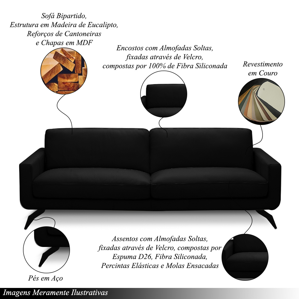 Sofá Decorativo Thalia 4 Lugares Sala de estar 270cm Pés em Aço Couro Preto G88 - Gran Belo