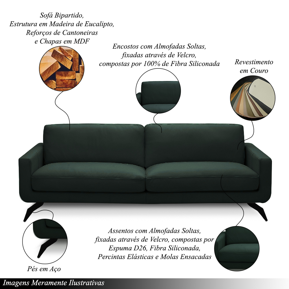 Sofá Decorativo Thalia 4 Lugares Sala de estar 270cm Pés em Aço Couro Verde Musgo G88 - Gran Belo