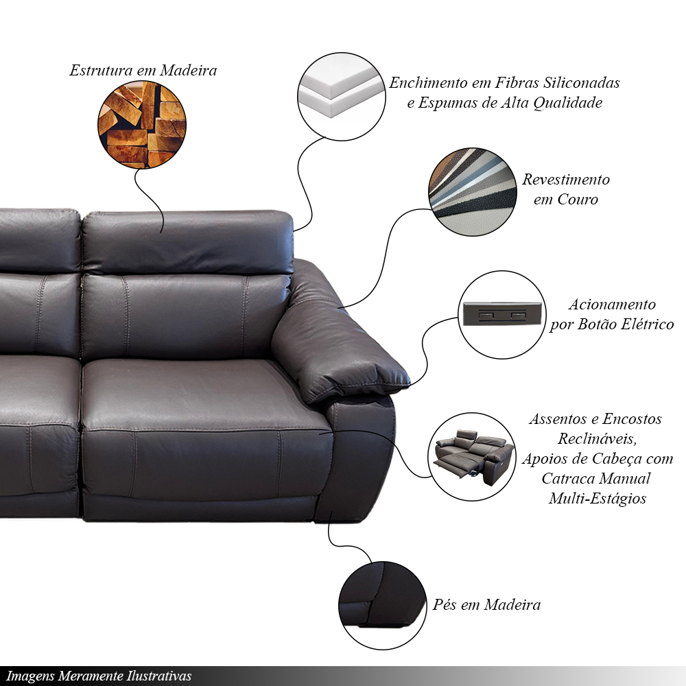 Sofá Elétrico Sala de Estar Reclinável Concepción U076 224cm Modulado Botão Elétrico Couro Marrom G49 - Idea Relax By Natuzzi Group