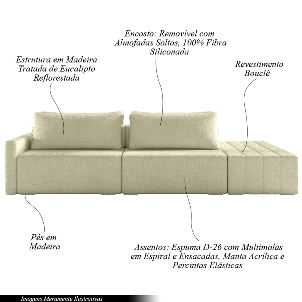 Sofá Ilha Modulado Milos 232cm Puff Lateral Bouclê Off White G33 - Gran Belo