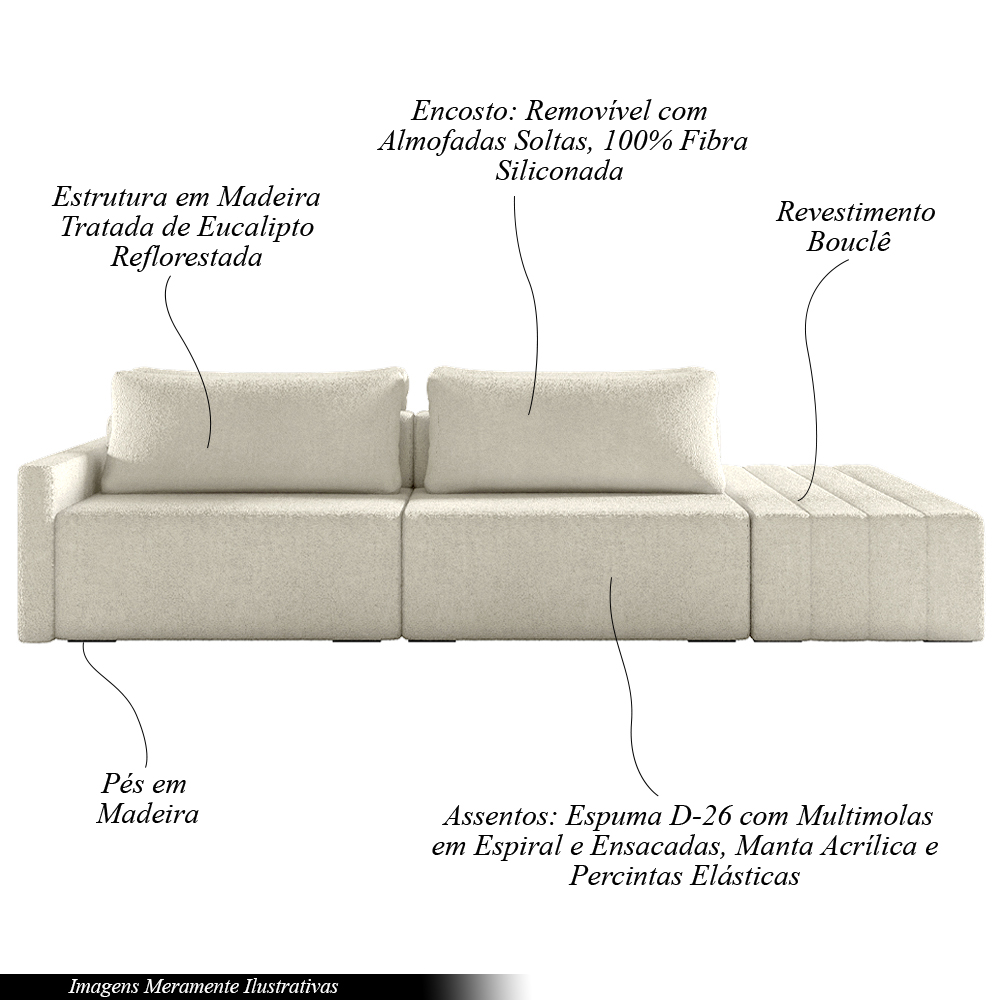 Sofá Ilha Modulado Milos 232cm Puff Lateral Bouclê Off White G33 - Gran Belo