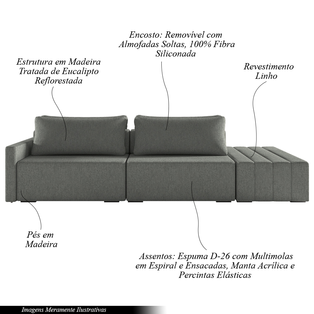 Sofá Ilha Modulado Milos 232cm Puff Lateral Linho Cinza Escuro G33 - Gran Belo