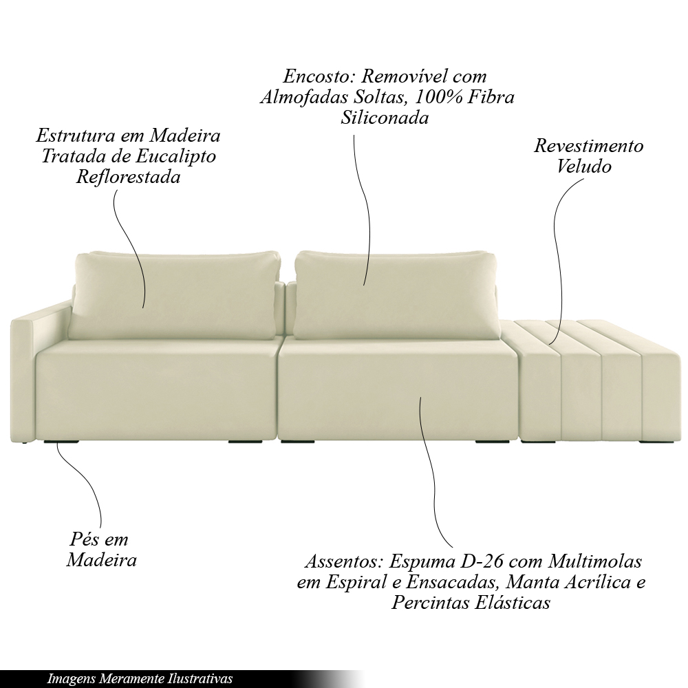 Sofá Ilha Modulado Milos 232cm Puff Lateral Veludo Bege G33 - Gran Belo