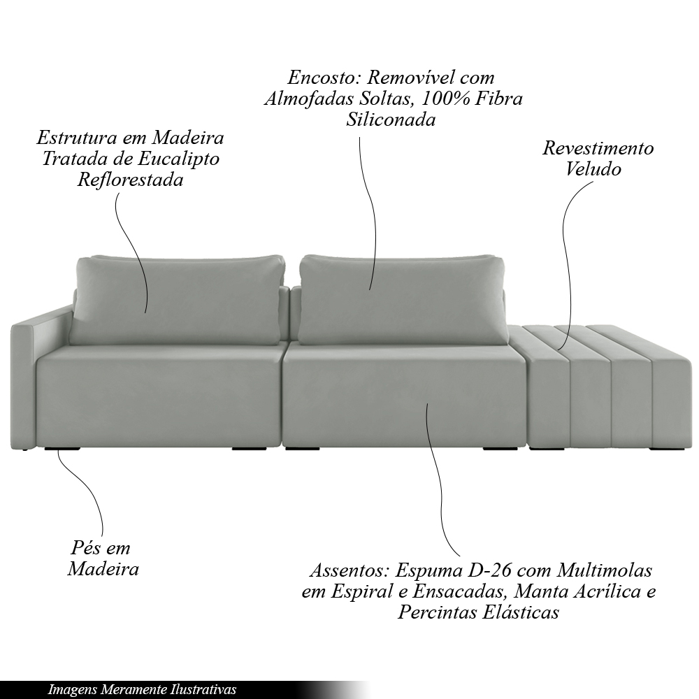 Sofá Ilha Modulado Milos 232cm Puff Lateral Veludo Cinza G33 - Gran Belo