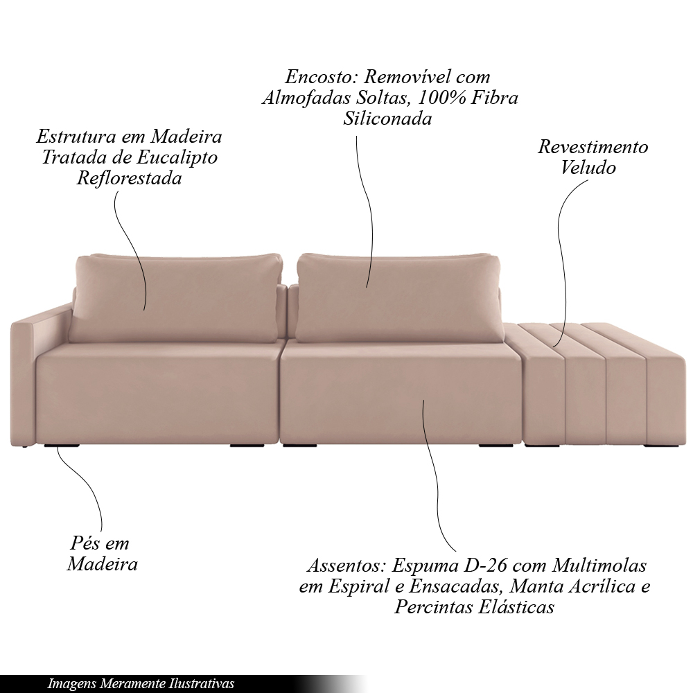 Sofá Ilha Modulado Milos 232cm Puff Lateral Veludo Rosê G33 - Gran Belo