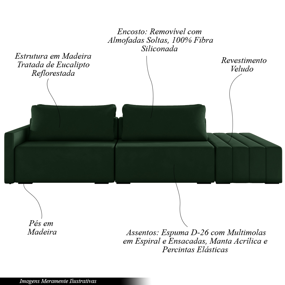 Sofá Ilha Modulado Milos 232cm Puff Lateral Veludo Verde G33 - Gran Belo