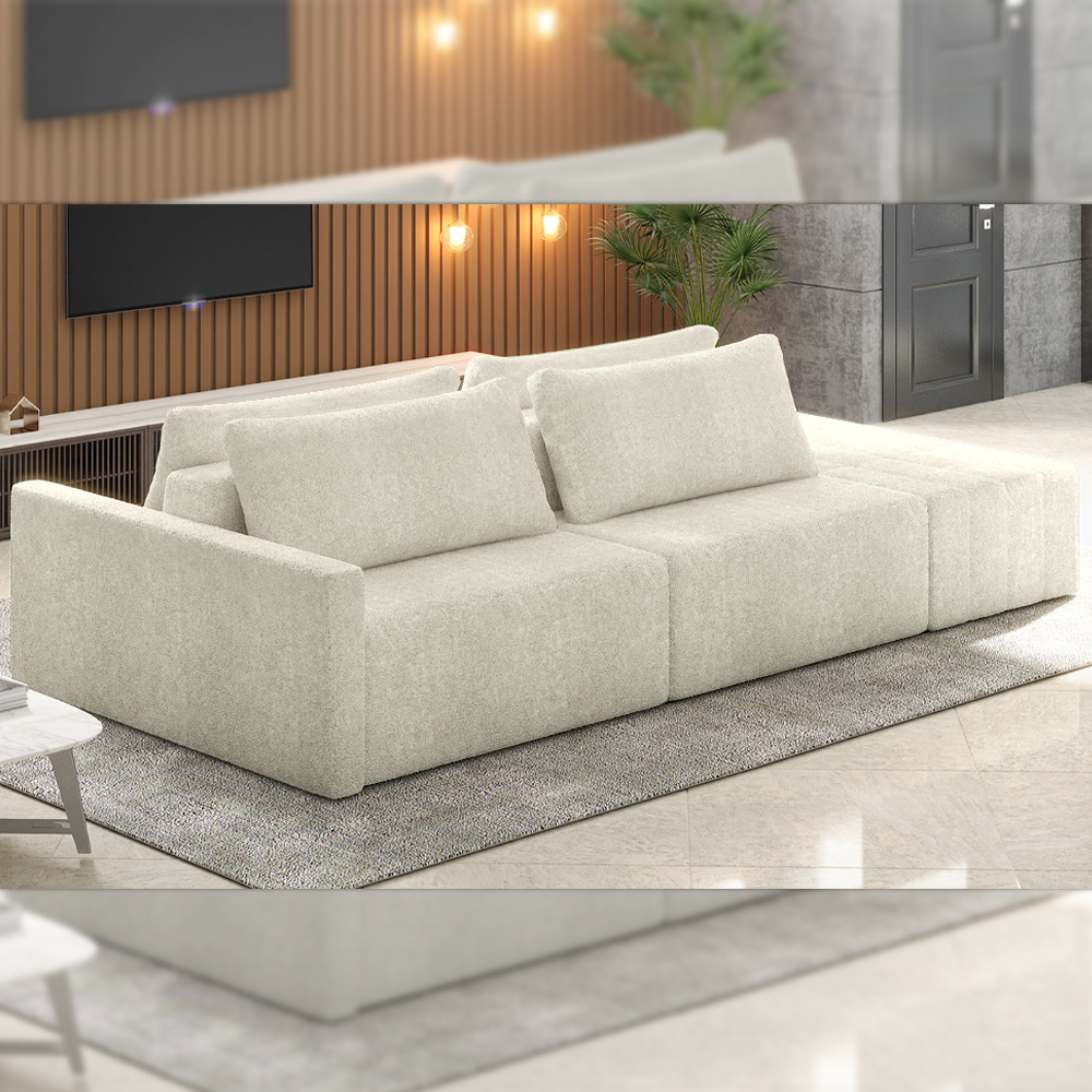 Sofá Ilha Modulado Milos 252cm Puff Lateral Bouclê Off White G33 - Gran Belo