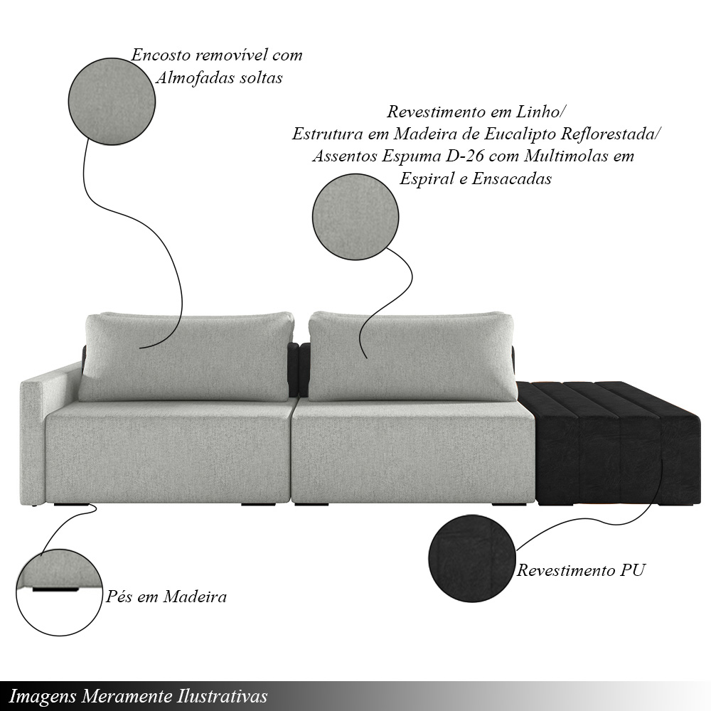 Sofá Ilha Modulado Milos 252cm Puff Lateral Cinza Preto Manchado Linho/PU G33 - Gran Belo