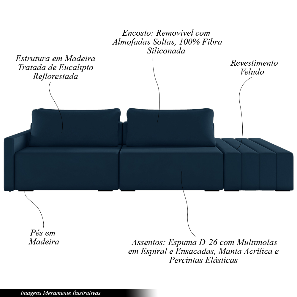Sofá Ilha Modulado Milos 252cm Puff Lateral Veludo Azul Marinho G33 - Gran Belo