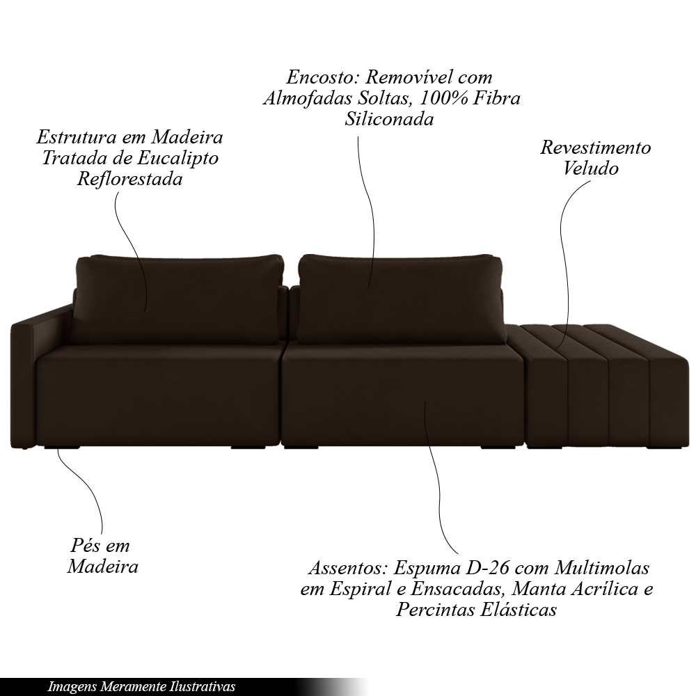 Sofá Ilha Modulado Milos 252cm Puff Lateral Veludo Marrom G33 - Gran Belo