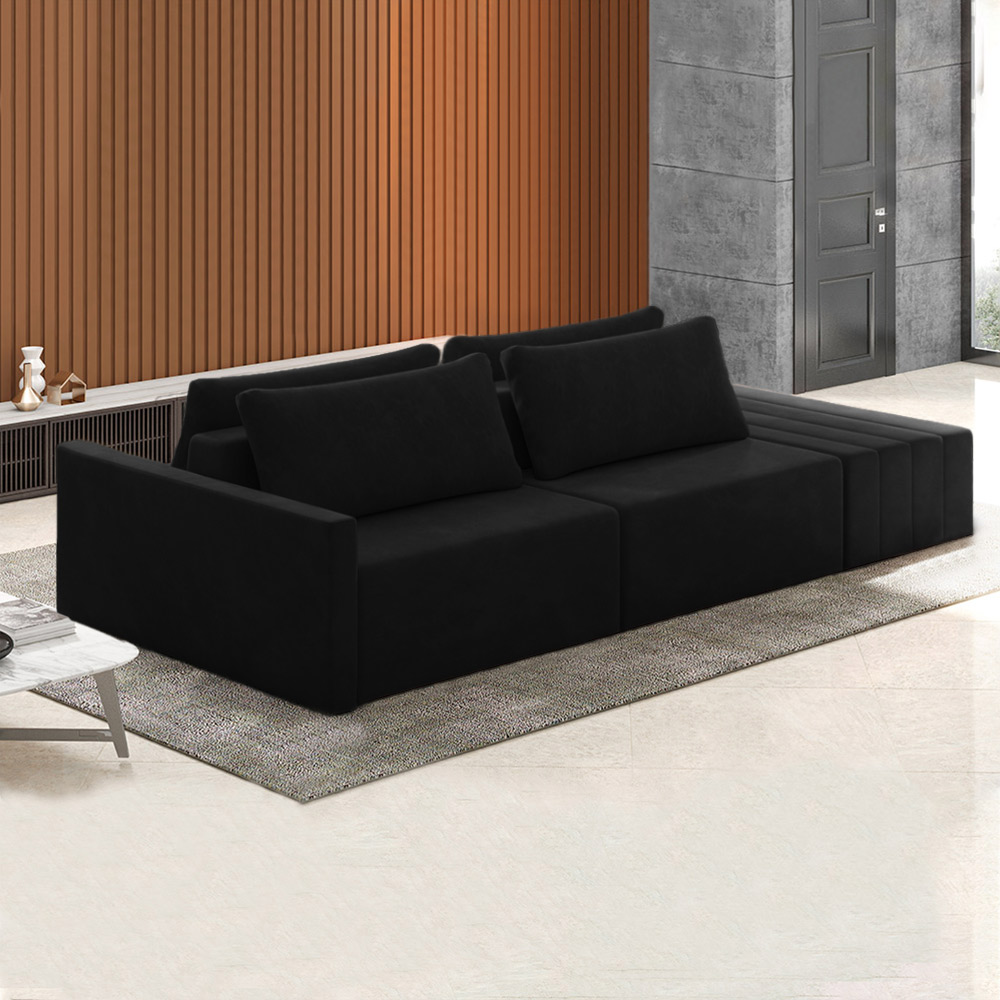 Sofá Ilha Modulado Milos 252cm Puff Lateral Veludo Preto G33 - Gran Belo