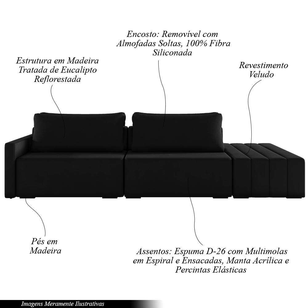 Sofá Ilha Modulado Milos 252cm Puff Lateral Veludo Preto G33 - Gran Belo