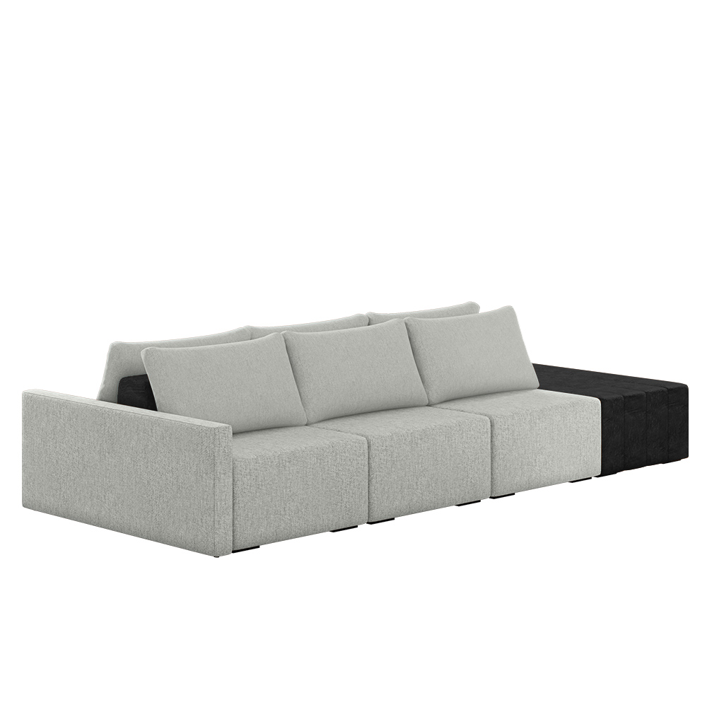 Sofá Ilha Modulado Milos 312cm Puff Lateral Cinza Preto Manchado Linho/PU G33 - Gran Belo