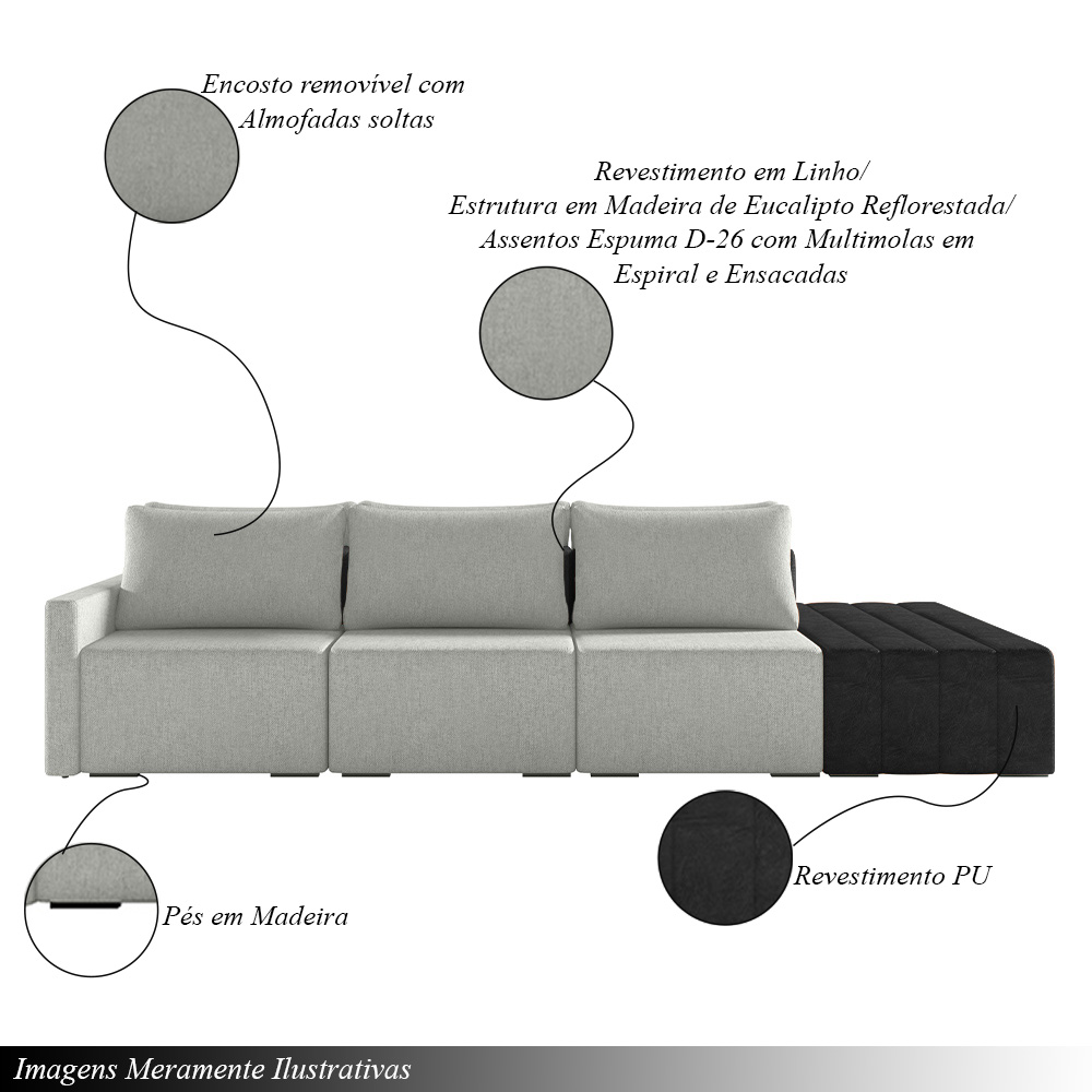 Sofá Ilha Modulado Milos 312cm Puff Lateral Cinza Preto Manchado Linho/PU G33 - Gran Belo