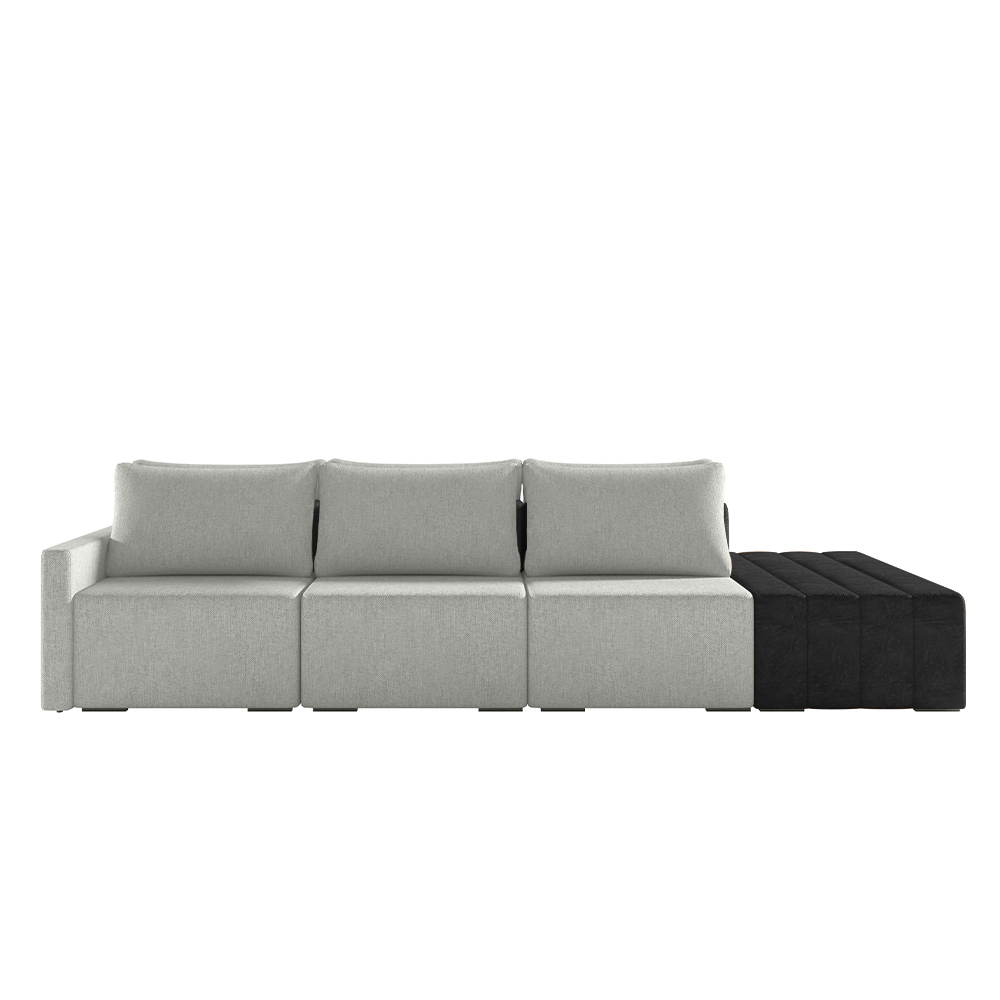 Sofá Ilha Modulado Milos 312cm Puff Lateral Cinza Preto Manchado Linho/PU G33 - Gran Belo