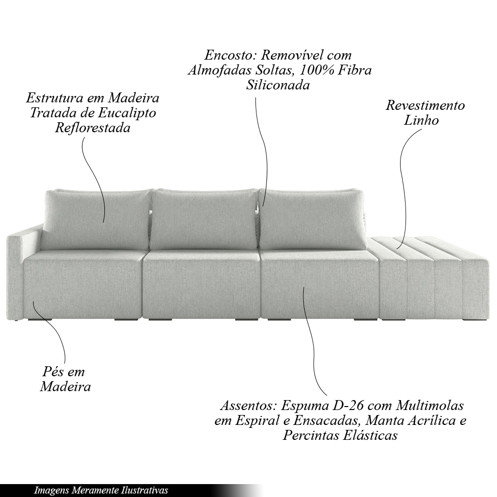 Sofá Ilha Modulado Milos 312cm Puff Lateral Linho Cinza G33 - Gran Belo
