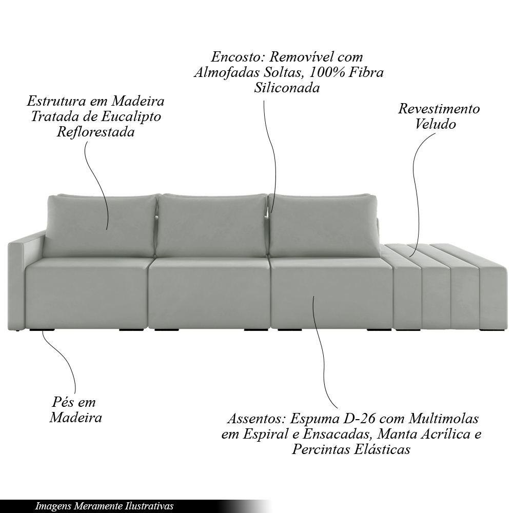 Sofá Ilha Modulado Milos 312cm Puff Lateral Veludo Cinza G33 - Gran Belo
